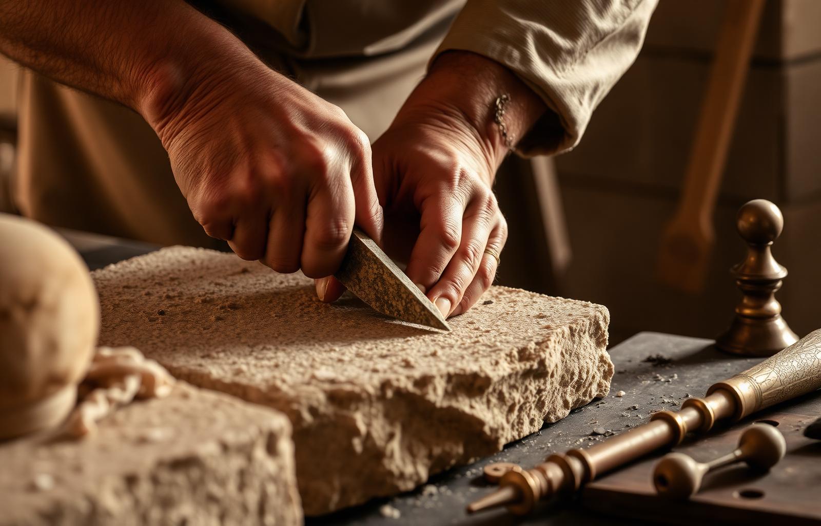Hands of a master craftsperson carving limestone at the workbench.